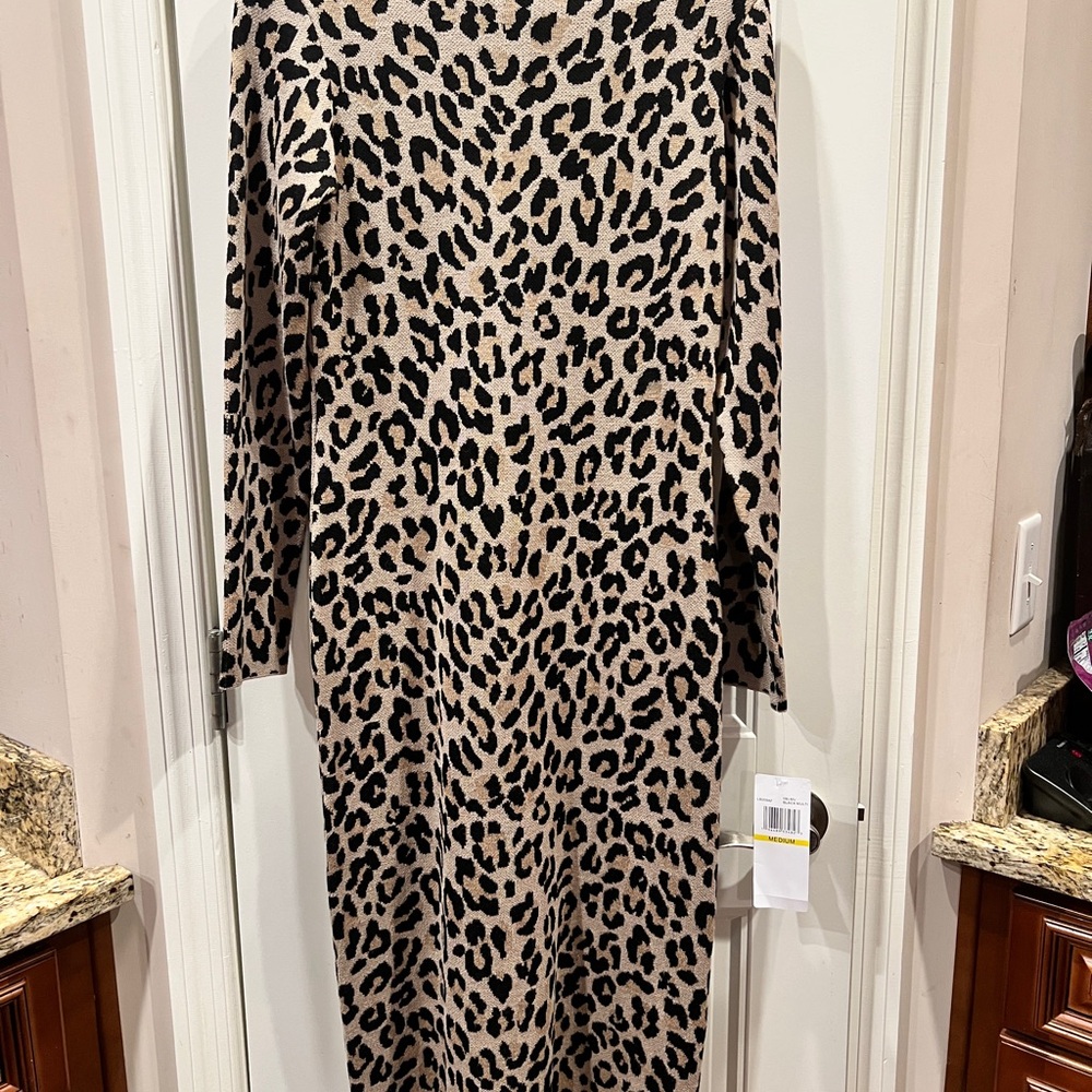 Nina Leonard Leopard Print Long Sleeve Midi Dress - Taupe & Black Sz Medium